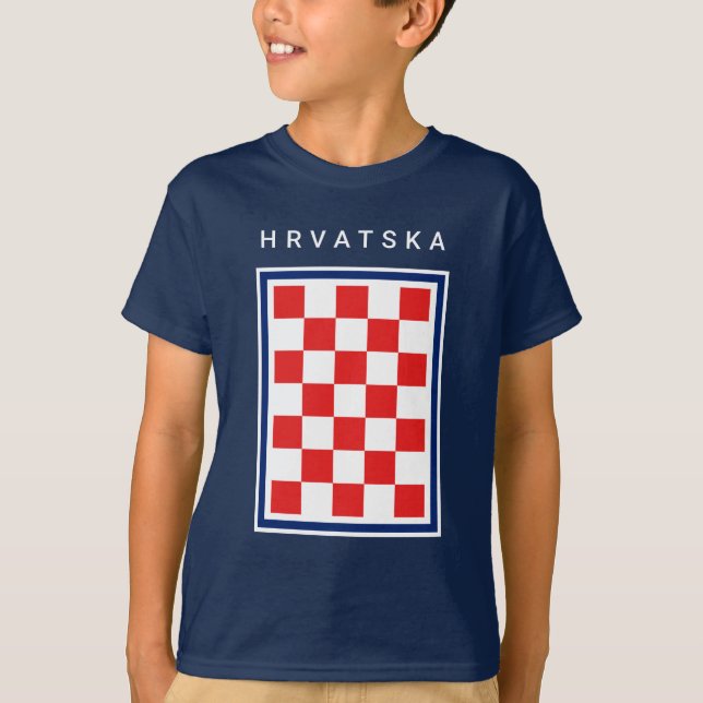 Kroatien Schachbrett Blau Rand T-Shirt (Vorderseite)