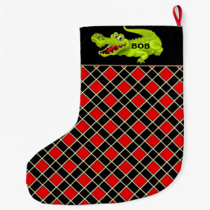 Krokodil auf Schwarz & Rot-Diamant-Muster Großer Weihnachtsstrumpf