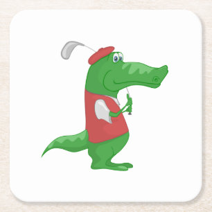 Krokodil, das Golf-Cartoon spielt Rechteckiger Pappuntersetzer