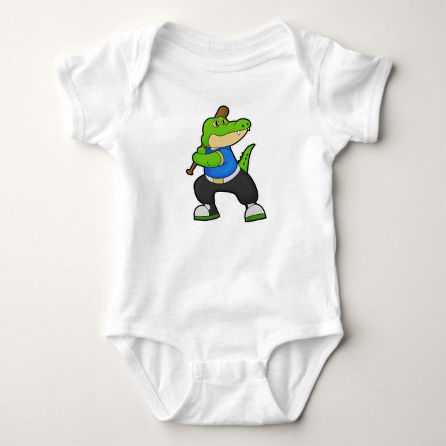 Krokodil im Baseball mit Baseballschläger Baby Strampler (Vorderseite)