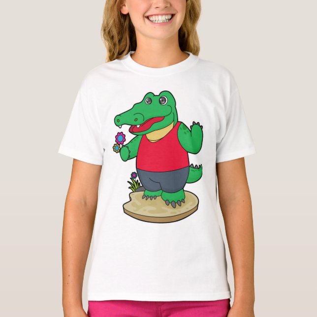 Krokodil mit Blume T-Shirt (Vorderseite)