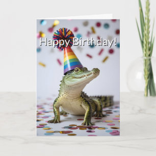 Krokodil mit Regenbogen-Geburtstagshut Karte