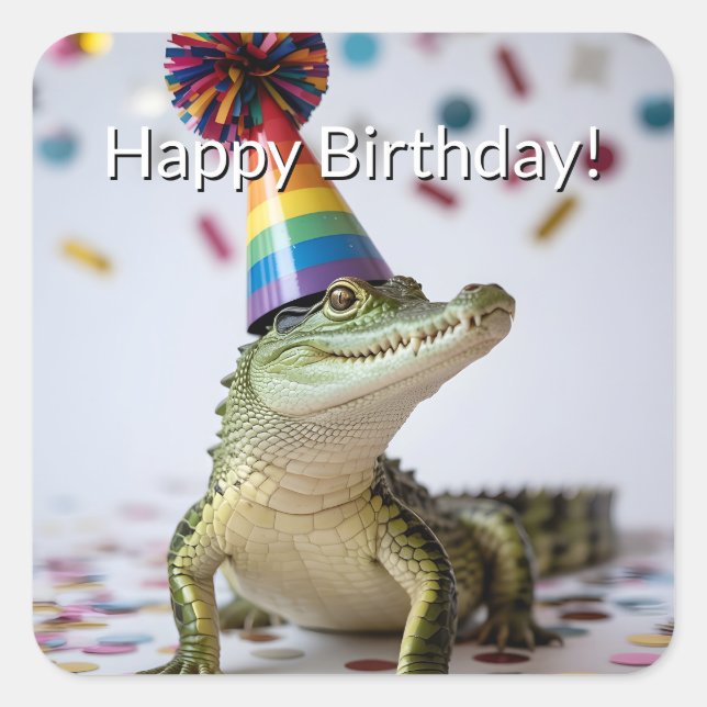 Krokodil mit Regenbogen-Geburtstagshut Quadratischer Aufkleber (Vorderseite)