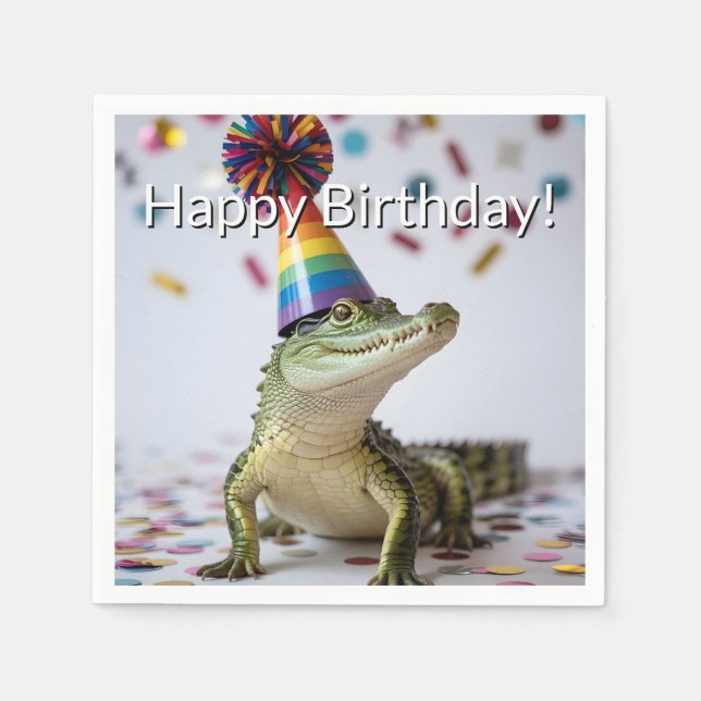 Krokodil mit Regenbogen-Geburtstagshut Serviette (Vorderseite)