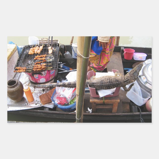 Krokodile Fleisch GRILLEN ... Thailand Street Food Rechteckiger Aufkleber (Vorderseite)