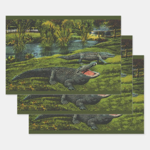 Krokodile, Vintage Meeresleben Reptilien Tiere Geschenkpapier Set