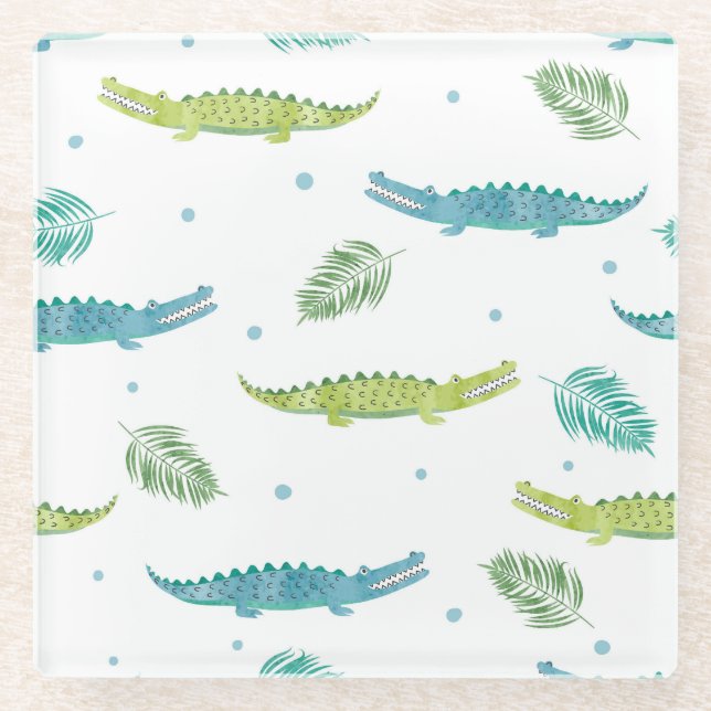Krokodile Wasserfarbe: Vintages Alligatormuster Glasuntersetzer (Vorderseite)