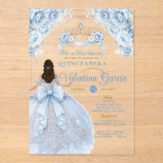 Krone Dusty Blue Krone Gold Quinceañera Geburtstag Acryleinladungen