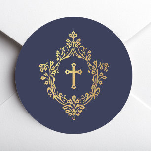 Krone mit Kreuz in Marineblau Faux-Gold Elegant Vi Runder Aufkleber