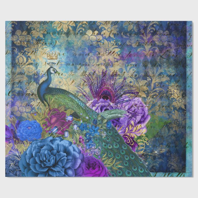 Krone Pfau auf Blauem Lila Blauer Flor Geschenkpapier (Flach)