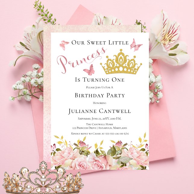 Krone | Schmetterlinge, Blütenprinzessin 1. Geburt Einladung ("Princess" Pink Rose Floral | Butterflies | Gold Crown Girl's 1st Birthday Party Invitation)