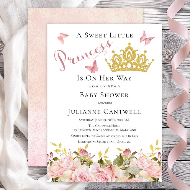 Krone | Schmetterlinge Blütenstaudusche Einladung (Faux Gold Glitter Crown and Pink Butterflies Roses Floral Princess Baby Shower Invitation)