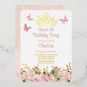 Krone Schmetterlinge Rosa Blumen Sweet 16 Geburt Folieneinladung