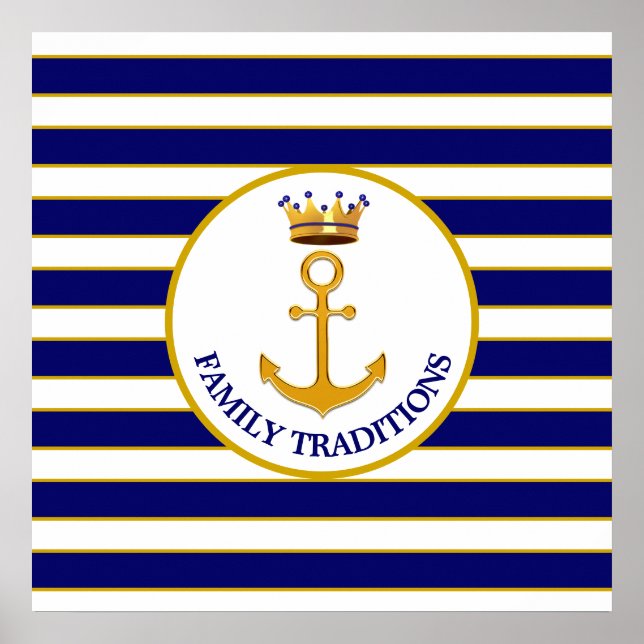 Krone und goldener Anker auf blau und weiß Poster (Vorne)