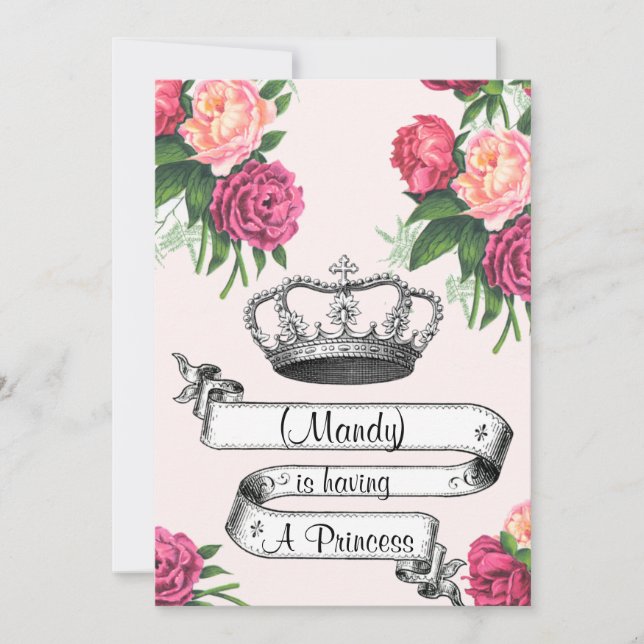 Krone und Rose Princess Babydusche Einladung (Vorderseite)