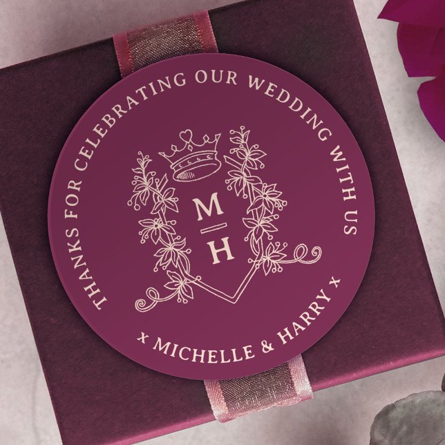 Kronen-Blätter gezeichnet monogramm Hochzeit Runder Aufkleber (Von Creator hochgeladen)