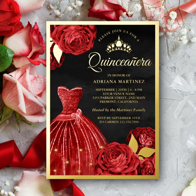 Kronen-Rote Rosen Black Quinceanera Gold Folieneinladung (Von Creator hochgeladen)