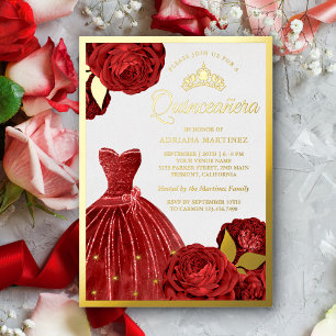Kronen-Rote Rosen Quinceanera Gold Folieneinladung