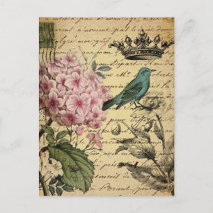 Kronen-Schrift-Hortensie-Vogel-französisch-botaani Postkarte
