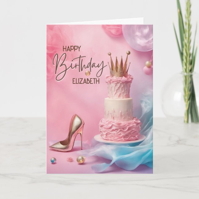 Kronen und High Heel Schuhe Happy Birthday Card (Vorderseite)