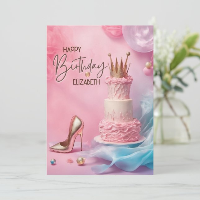 Kronen und High Heel Schuhe Happy Birthday Card (Stehend Vorderseite)