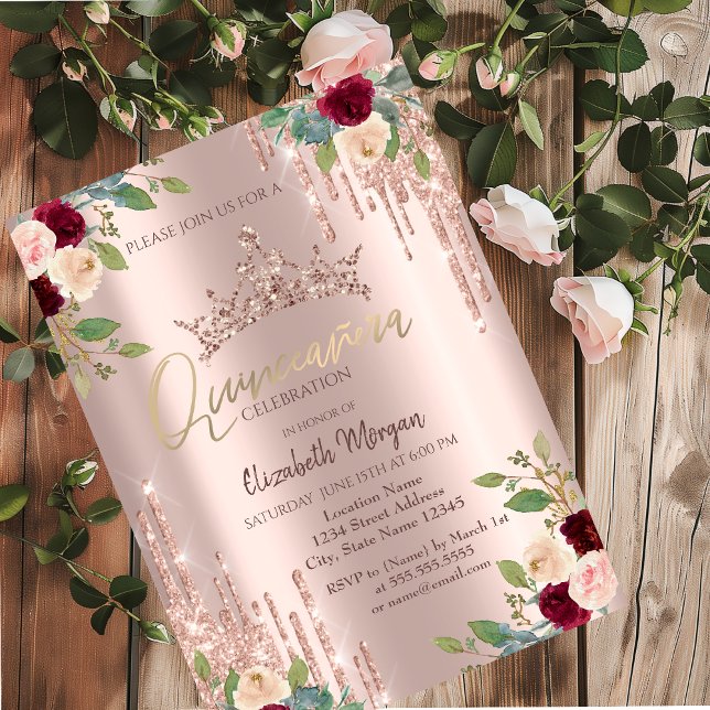 Kronenfallen, Burgund Rose Rose Gold Quinceañera Einladung (Von Creator hochgeladen)
