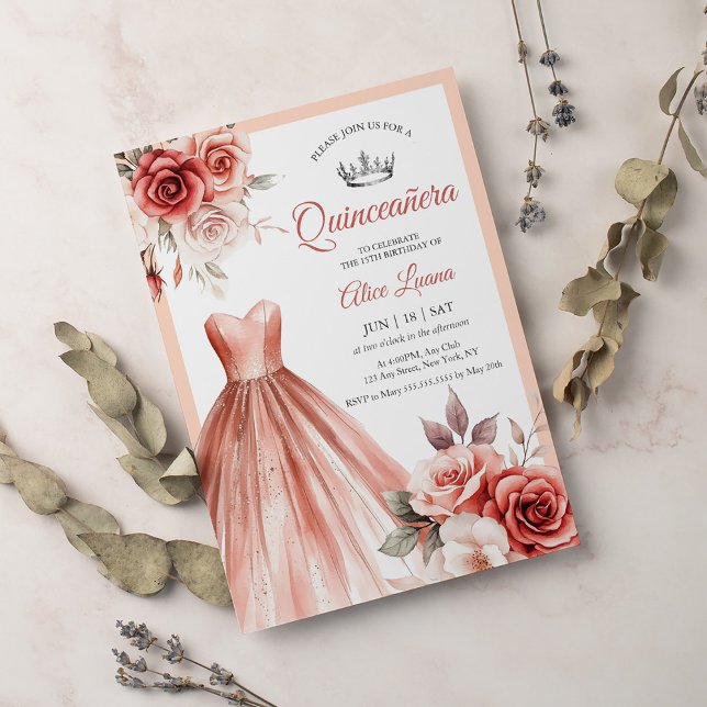 Kronenrot Blütenblüte Quinceanera Rose Gold Einladung (Von Creator hochgeladen)