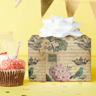 Kronenschrift Hortensie Vogel französisch botanisc Geschenkpapier