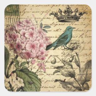 Kronenskript Hydrangea Vogel Französisch botanisch Quadratischer Aufkleber