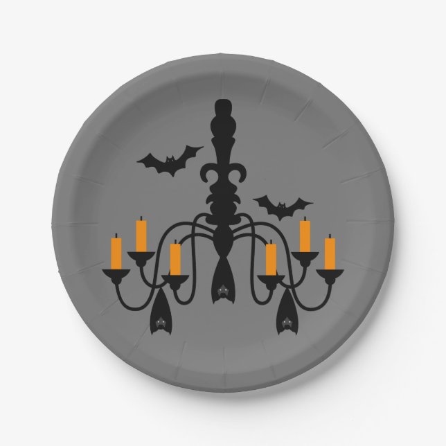Kronleuchter von Halloween-Kerzen und Fledermäusen Pappteller (Vorderseite)