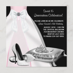 Kronprinzessin Diadem Rosa Schwarz Quinceanera Einladung
