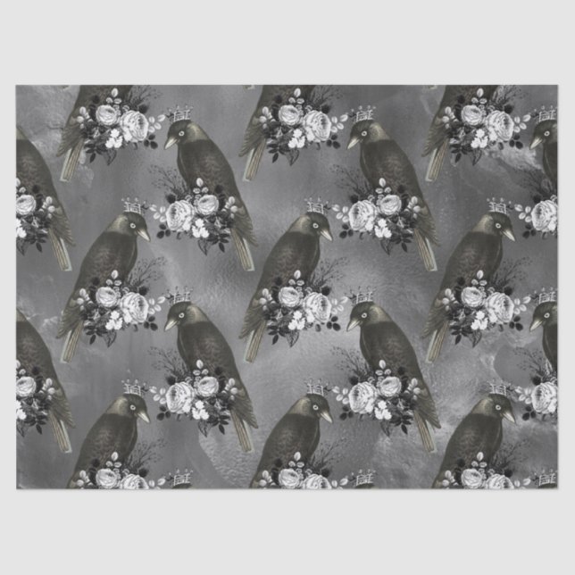 Krönte Schwarze Vögel und weiße Blume auf Grau Seidenpapier (Vorderseite)