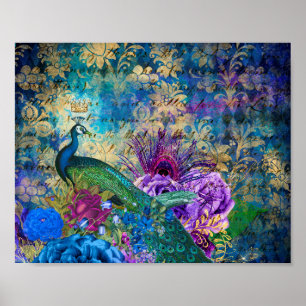Krönter Pfau auf blauem Lila Blütenblumen Poster