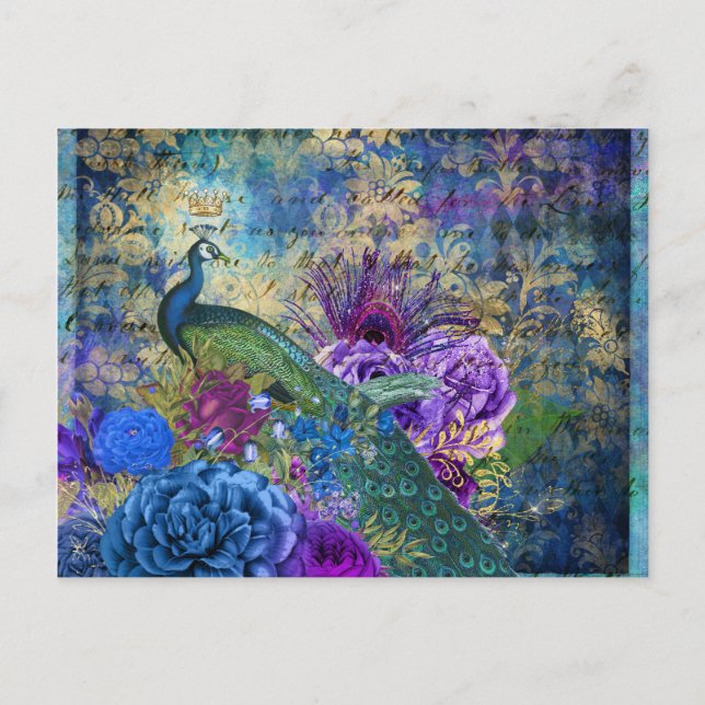 Krönter Pfau auf blauem Lila Blütenblumen Postkarte (Vorderseite)