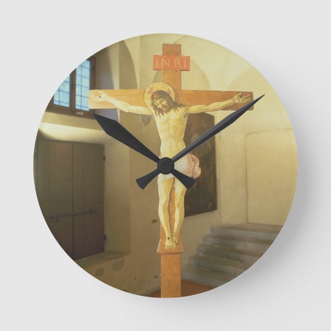 Kruzifix (Tempera auf Holz) Runde Wanduhr (Vorderseite)