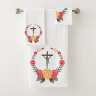 Kruzifix und Blume Badhandtuch Set