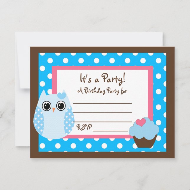 KRW Brown & Blue Polka Dot Owl Blank Party Einladu Einladung (Vorderseite)