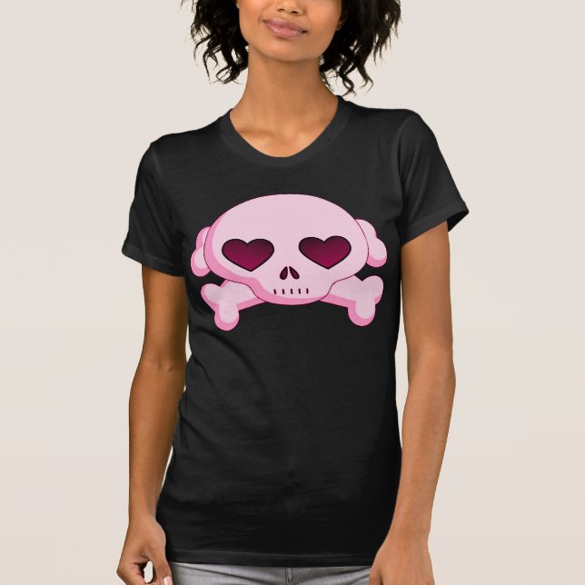 KRW-Herz-Totenkopf mit gekreuzter Knochen-Rosa T-Shirt (Vorderseite)