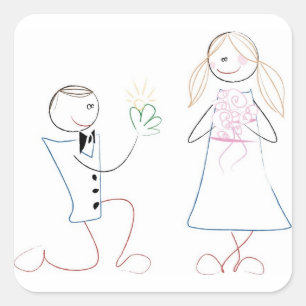 KRW Niedlich Bridge and Groom Strichmännchen Squar Quadratischer Aufkleber