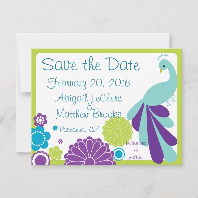 KRW Peacock Floral Custom Save the Date (Vorderseite)