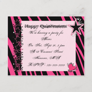KRW rosa Zebra-Druck-Herz-Sterne Quinceanera Einladung
