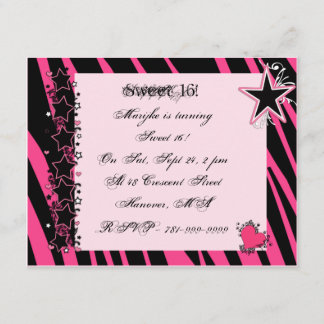 KRW Sweet 16 Pink Zebra Print Heart Stars Geburtst Einladung