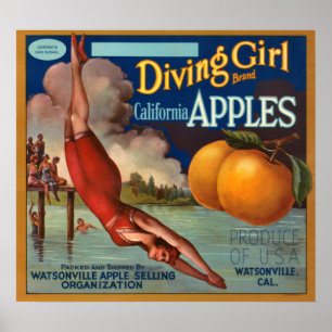 KRW Vintag Diving Girl Apple Fruchtkasten-Label Poster