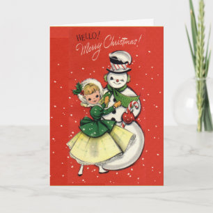 KRW Vintag Girl and Snowman Card - Maßgeschneidert Feiertagskarte