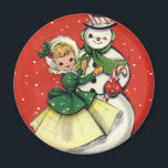 KRW Vintag Girl and Snowman Christmas Magnet<br><div class="desc">KRW Vintag Girl and Snowman Christmas Magnet</div>
