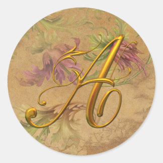 KRW Vintage Floral Gold A Monogramm Hochzeitsstemp Runder Aufkleber
