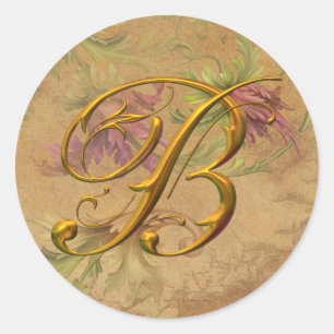 KRW Vintage Floral Gold B Monogramm Hochzeitsstemp Runder Aufkleber