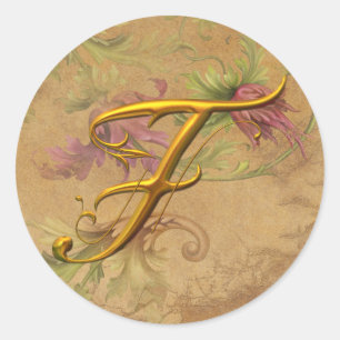 KRW Vintage Floral Gold F Monogramm Hochzeitsstemp Runder Aufkleber