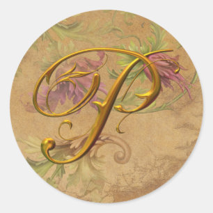 KRW Vintage Florales Gold P Monogramm Hochzeitssie Runder Aufkleber