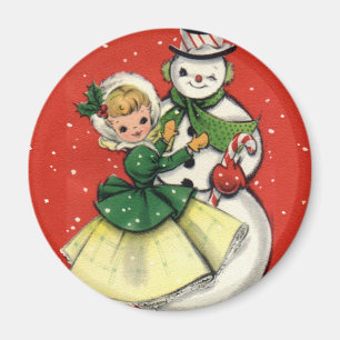 KRW Vintage Mädchen und Schneemann Weihnachtsmagne Magnet